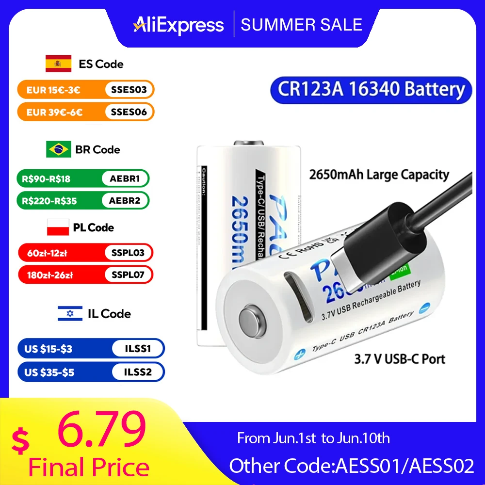 PALO CR123A Battery 2650mWh 16340 RCR123 3.7V Rechargeable Battery 100% Capacity USB Lithium CR123 16350 Bateria + Type-C Cable