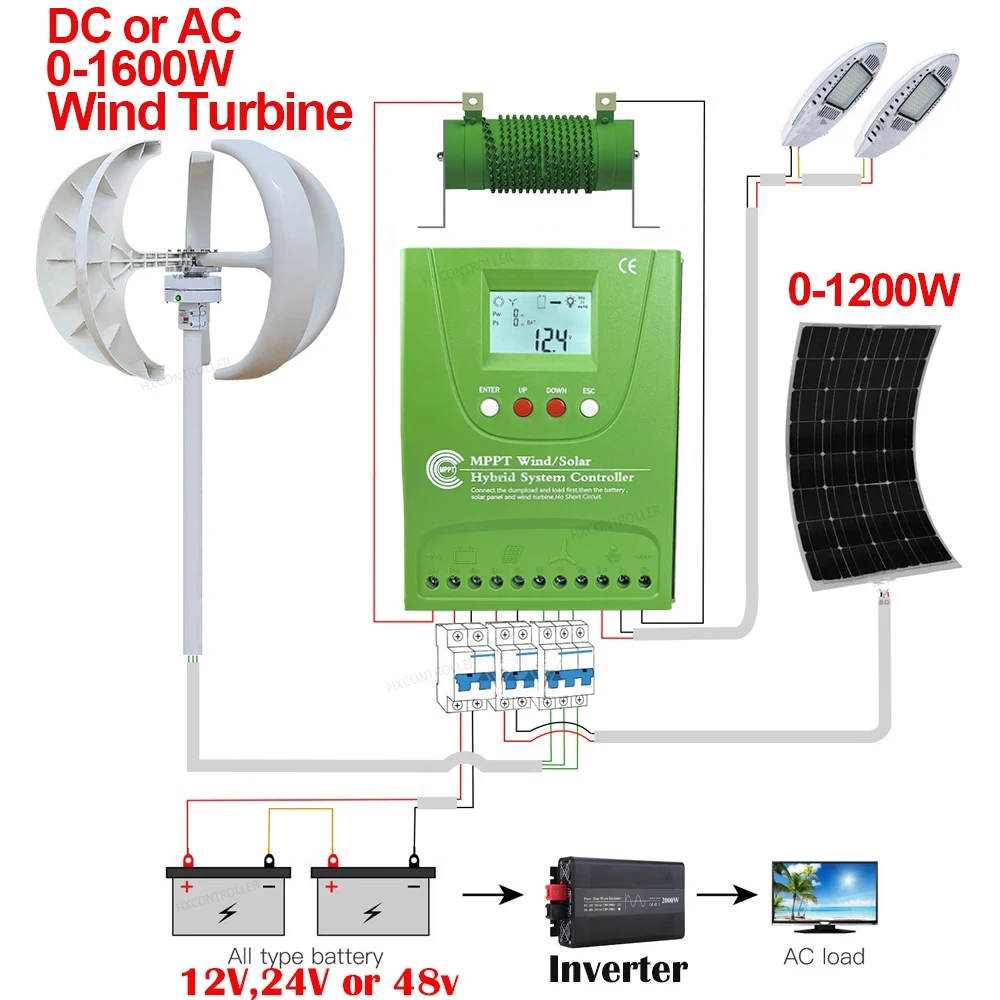 2800W 2000W 12V 24V 48V MPPT Hybrid Solar Controller Wind Turbine Generator Regulator LCD Display For Lifepo4 GEL Battery