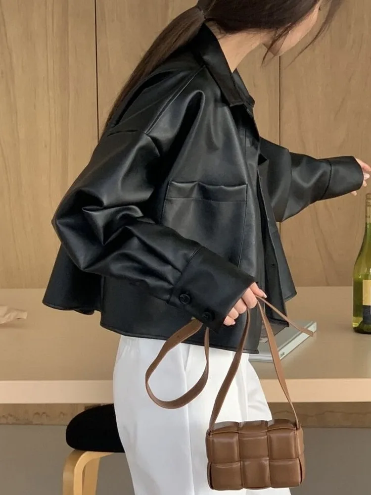 Faionable Bla ort Casual Women's irt Leather Jaet Vintage Versatile Autumn Top Straight Tube PU Leather Long Sve