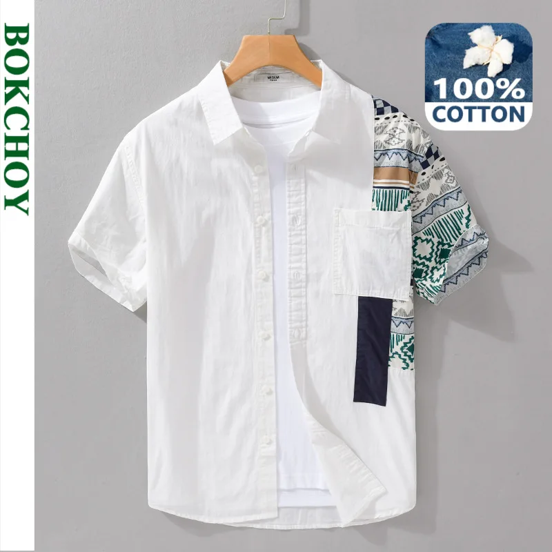 2024 Summer New Pure Cotton Fresh Patchwork Short Sleeve Shirts Men Clothing Pritned Thin Soft Streetwear FY353