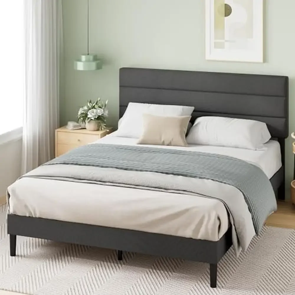 

Horizontal Paneled Headboard Full Upholstered Platform Bed Wooden Slat Support Eco Assembly No Box Spring Needed Dark Grey Foam