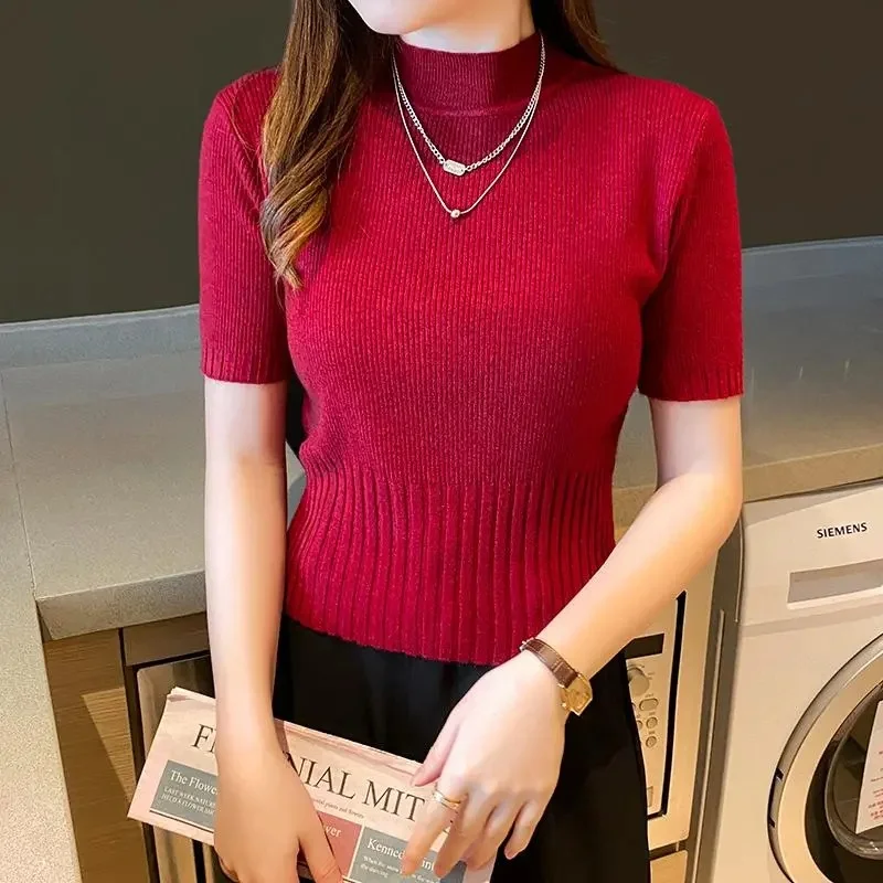 2024 Basic Turtleneck Solid Thin Summer Pullover Women Female Knitted Ribbed Sweater Slim Short Sleeve Bodycon Sweater