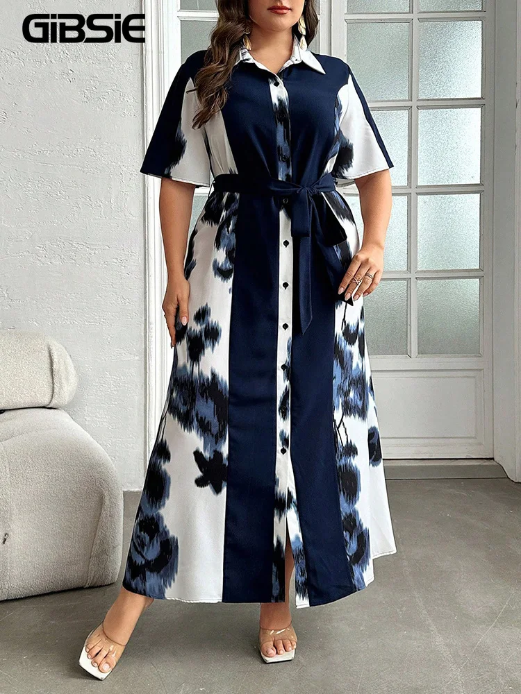 

GIBSIE Plus Size Tie Dye Print Half Sleeve Belted Shirt Dress Women Summer High Waist Casual A-line Maxi Long Dresses 2026 New