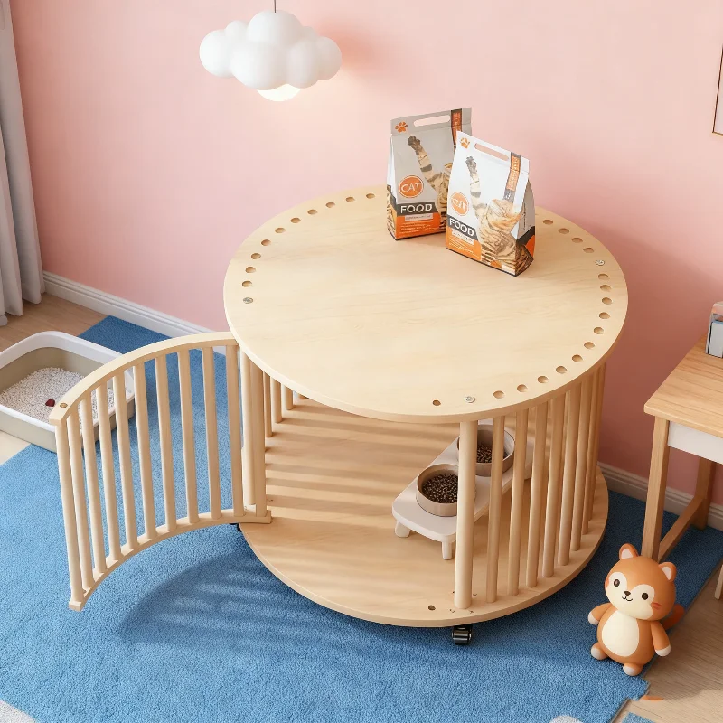 Pine Wood Cat Cage Round Cat Tower Indoor Cat House with Wheels Multi-Level Pet Enclosure for Sleeping Playing and Scratching