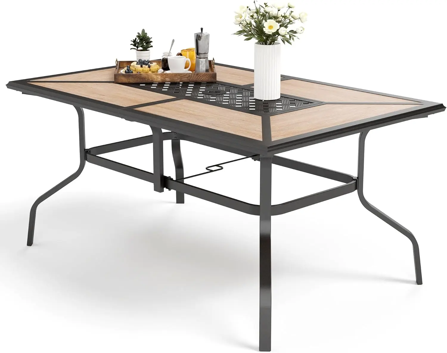 Outdoor Patio Dining Table for 6, Rectangular Patio Furniture Table with Metal Frame and Immitation Top, Adjustable Umbrella Hol