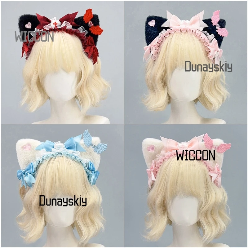 Headpiece gótico Lolita KC para Halloween/Natal/Oktoberfest/Páscoa – Orelhas de gato destacáveis e laço cruzado