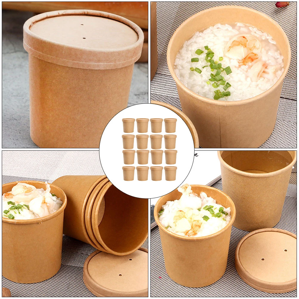 

50 Sets Kraft Paper Soup Cup Cups Containers with Cover for Food Disposable Coating Storage