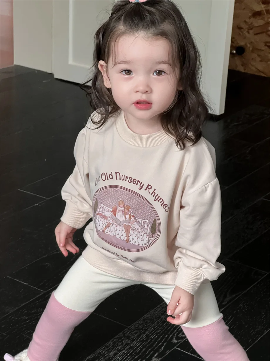 2024 Autumn New Baby Girl Cartoon Letter Print Sweatshirt Long Sleeve Casual Clothes Infant Toddler Cotton Loose Pullover Tops