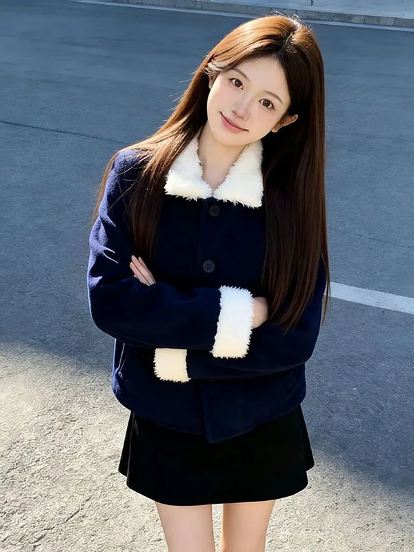 

Autumn Winter ort Lamb Skin Collar Woolen Jaet Women's Commute Sle Faion Trend Blue Outerwear Loose Fit Button Closure