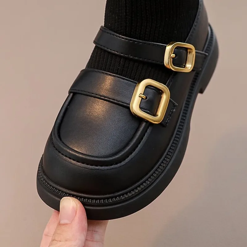 Spring Autumn Solid Kids Fashion Boots Buckle PU Knitted Patchwork Girls Ankle Shoes Slip On Soft Bottom Kids Socks Boots