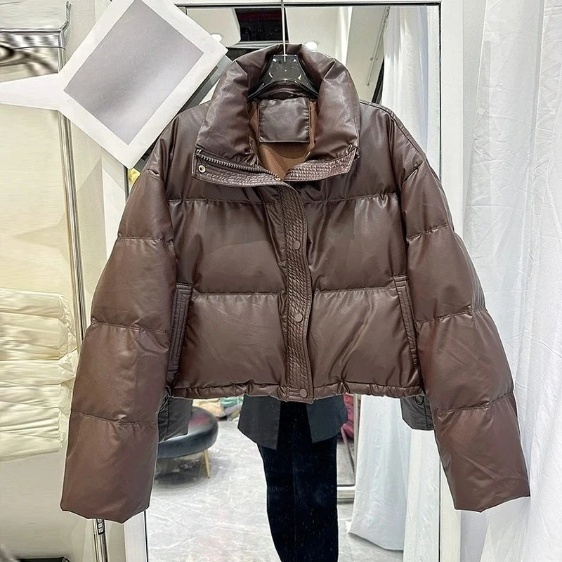 

Новинка 2025 года, куртка на хлопковой подкладке, женские короткие парки, женское теплое толстое хлопковое пальто, женская верхняя одежда, зимняя хлопковая куртка на пуху из искусственной кожи