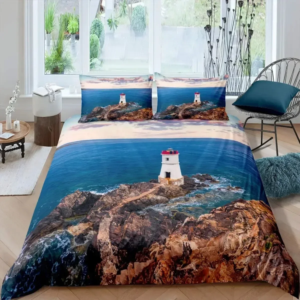 

Top Lighthouse Duvet Cover Set Nautical Surfing Ocean Wave Bedding Set Queen Polyester Coastal Nature Theme Quilt Cover