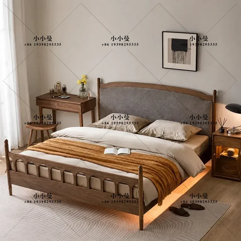 Nordic Simple Black Walnut Retro Soft Upholstered Bed Solid Wood Frame Single 1.5m Double 1.8m Japanese Style for Small