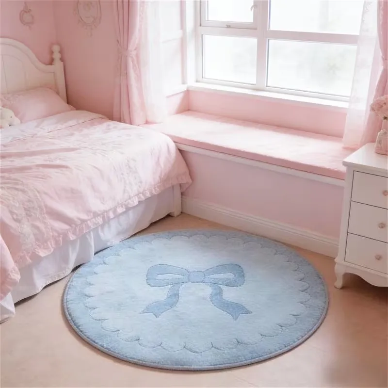 Kawaii Pink Bow Print Round Rug Soft Non-Slip Carpet Coquette Style Bedroom Floor Mat Cute Pastel Children's Room Decor