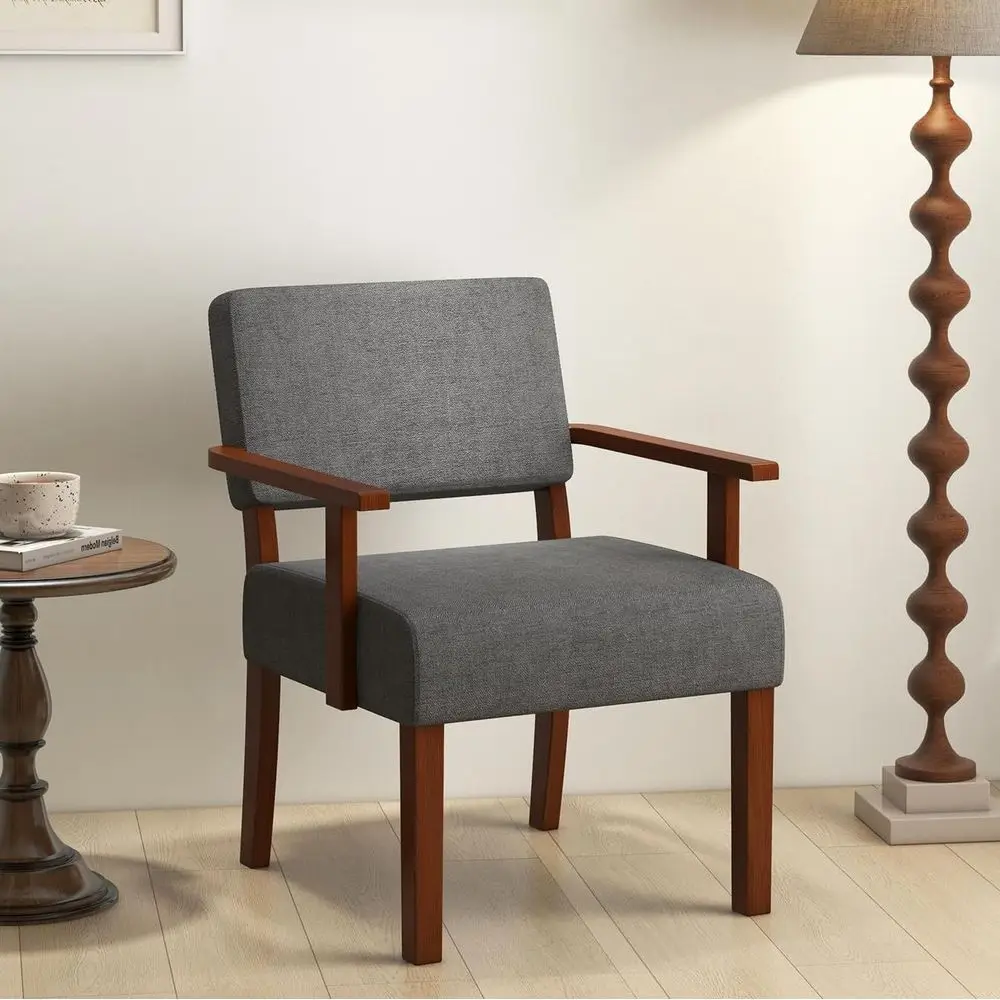 

Linen-Cushioned Accent Chair with Padded Seat and Backrest, Rubber Wood Frame, Grey Upholstered Reading Chair for Living Room, B