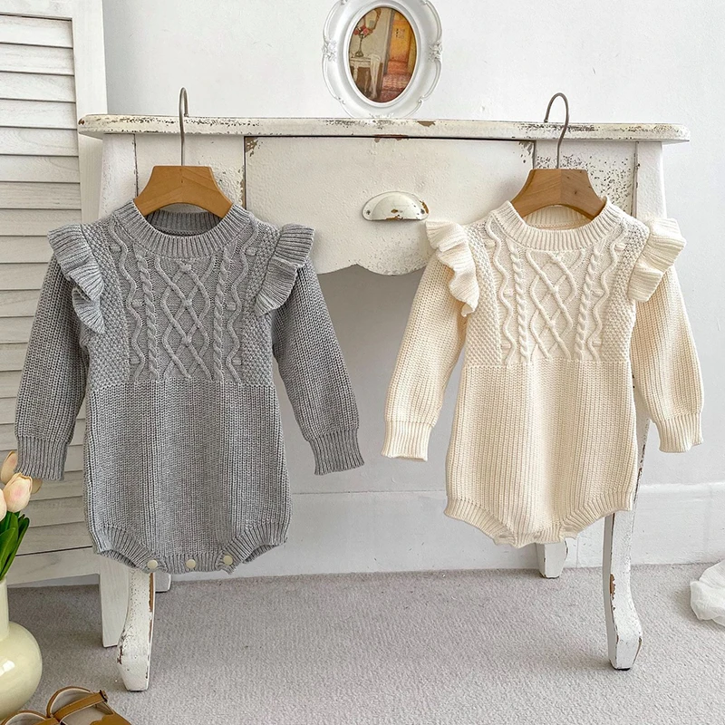 2024 New Autumn Baby Girl Knitted Clothing Korean Style Climbing Suit Toddler Baby Girl Long Sleeved Solid Color Knitted Romper