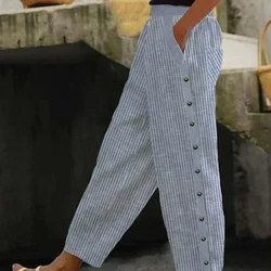 Y2k Trousers Women 2024 Fashionable New Print Stripe Button Rubber Waist Cropped Pants for Women