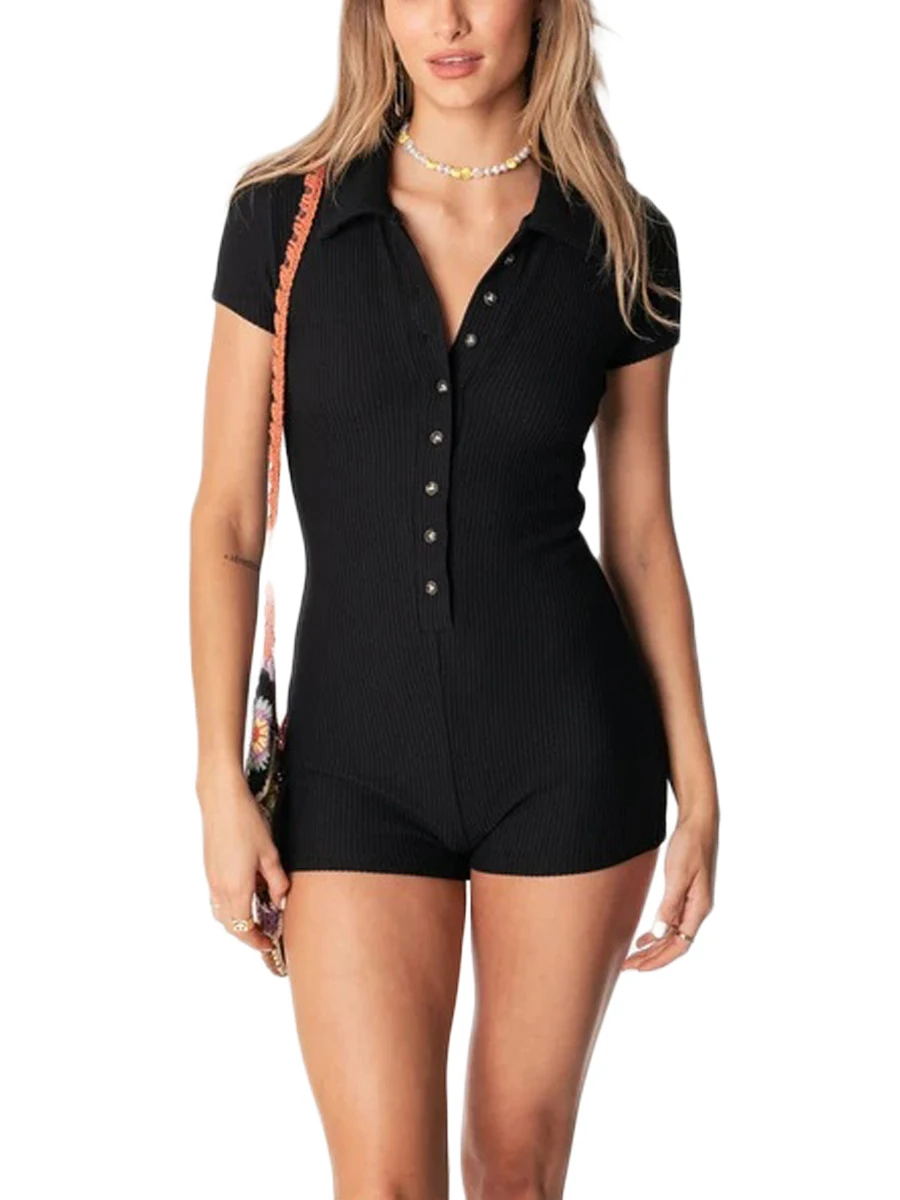 

Women Summer Shorts Jumpsuit Short Sleeve Button Down Lapel Collar Romper Casual Stretchy Bodycon Playsuit Fitness