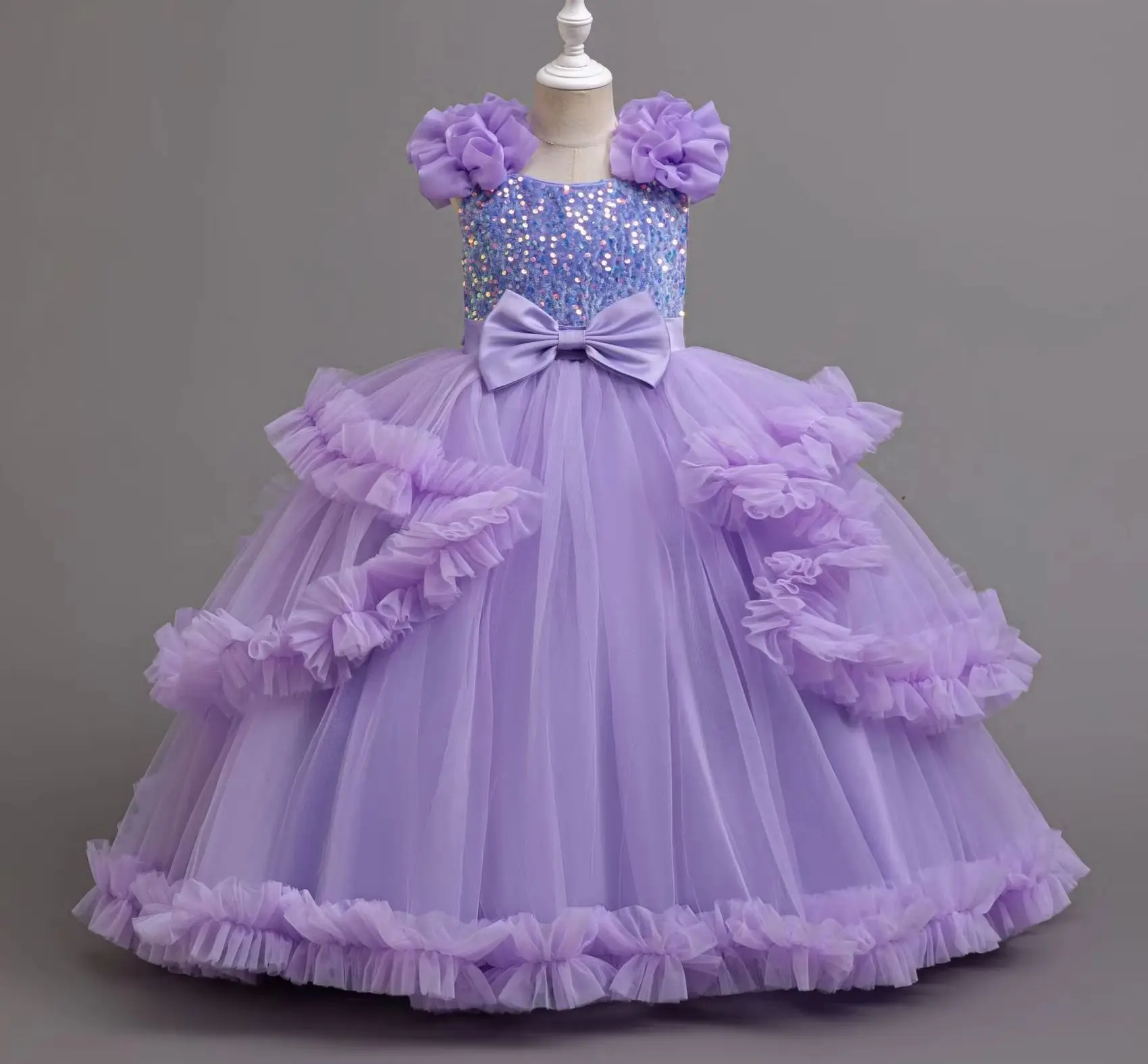 Girl Evening Party Dress Gown Sequins Child Girls' Festive Dresses Kid's Red Clothes Tulle