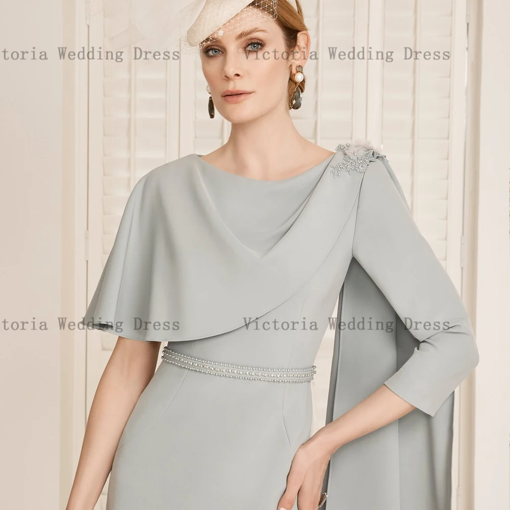 Elegante cinza para a mãe da noiva vestidos, Jewel Neck, 3/4 mangas, vestidos de festa de casamento, frisado até o joelho bainha, mãe da noiva