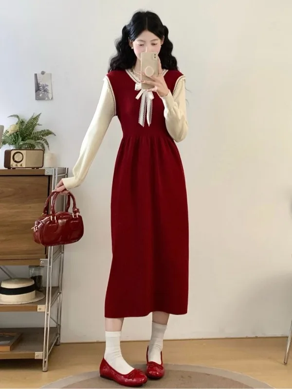 

Red V-Ne Long Sve Knitted Dr plus Size Women's Faion Autumn Winter Belted Hiding Hip Skirt Stand Commute Sle