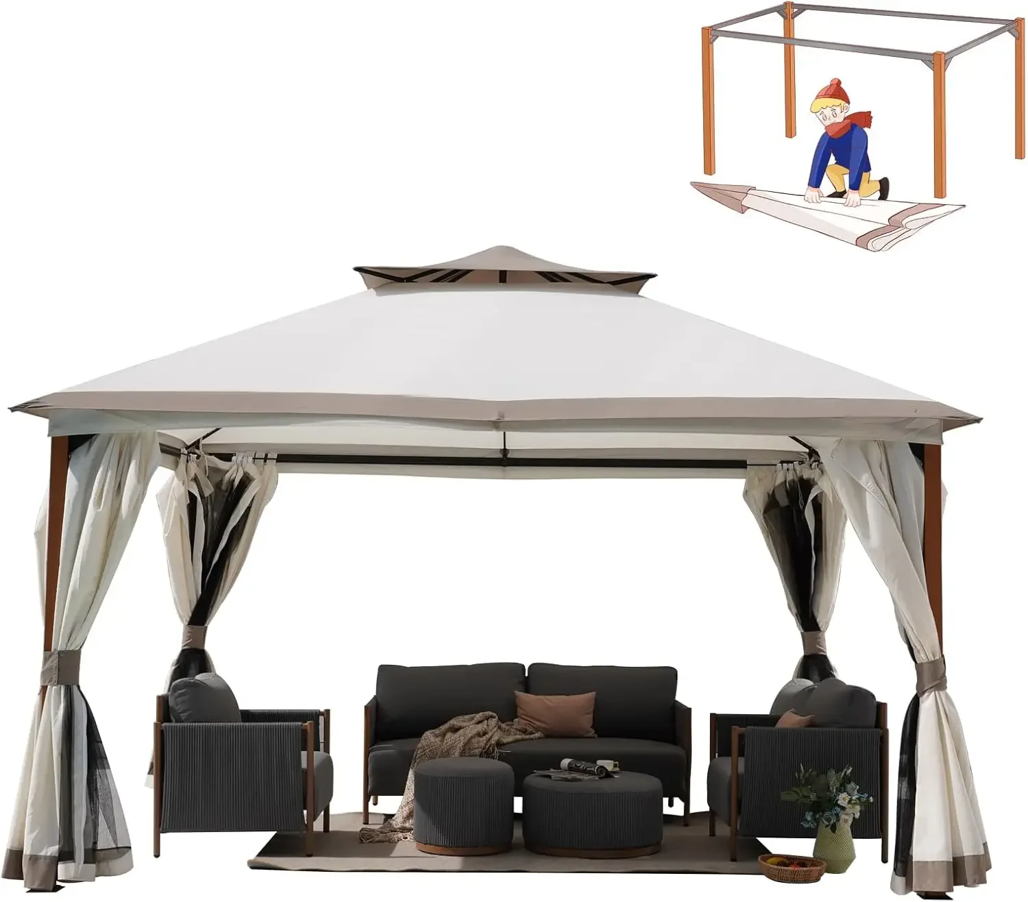 

Grand Patio 10x13 FT Outdoor Double Quick Assembly Detachable Vent Soft Top Gazebo with Mosquito Netting and Curtains, 130 Sq