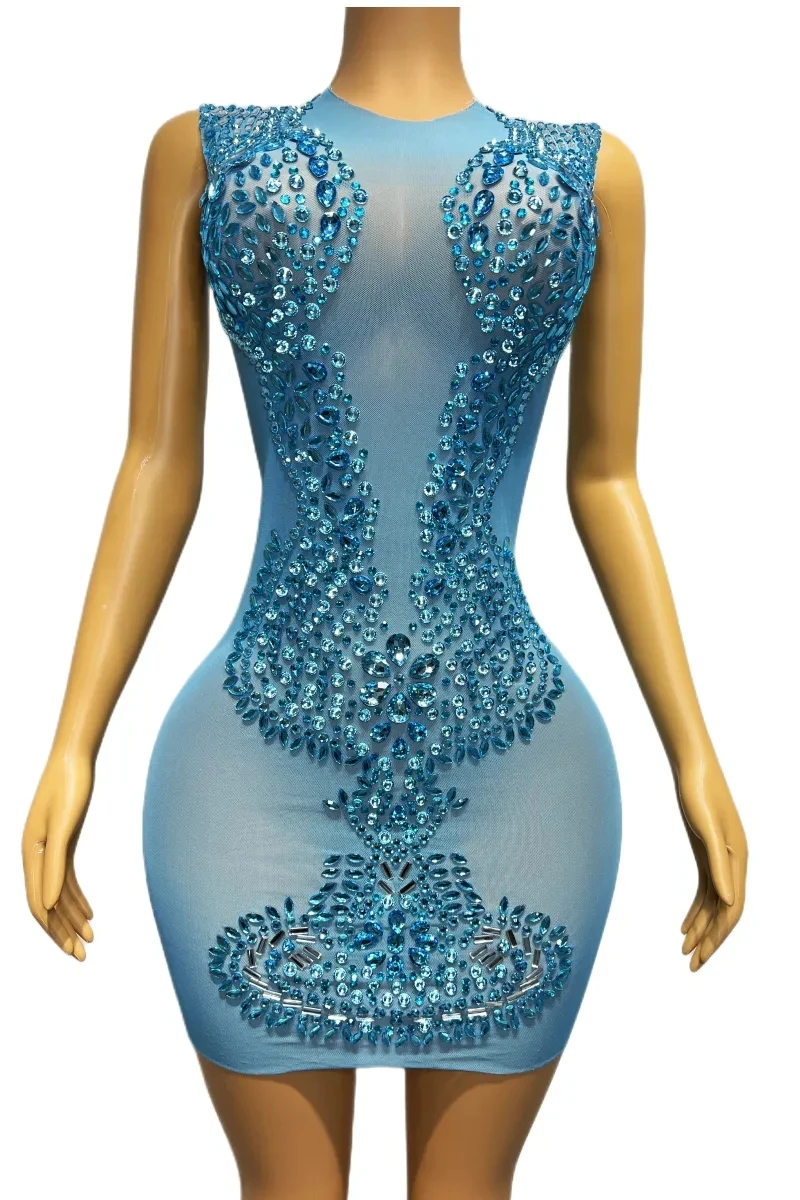 Blue Rhinestones Transparent Mesh Tight Short Dress For Women Evening Celebrate Birthday Party Performance Stage Costume