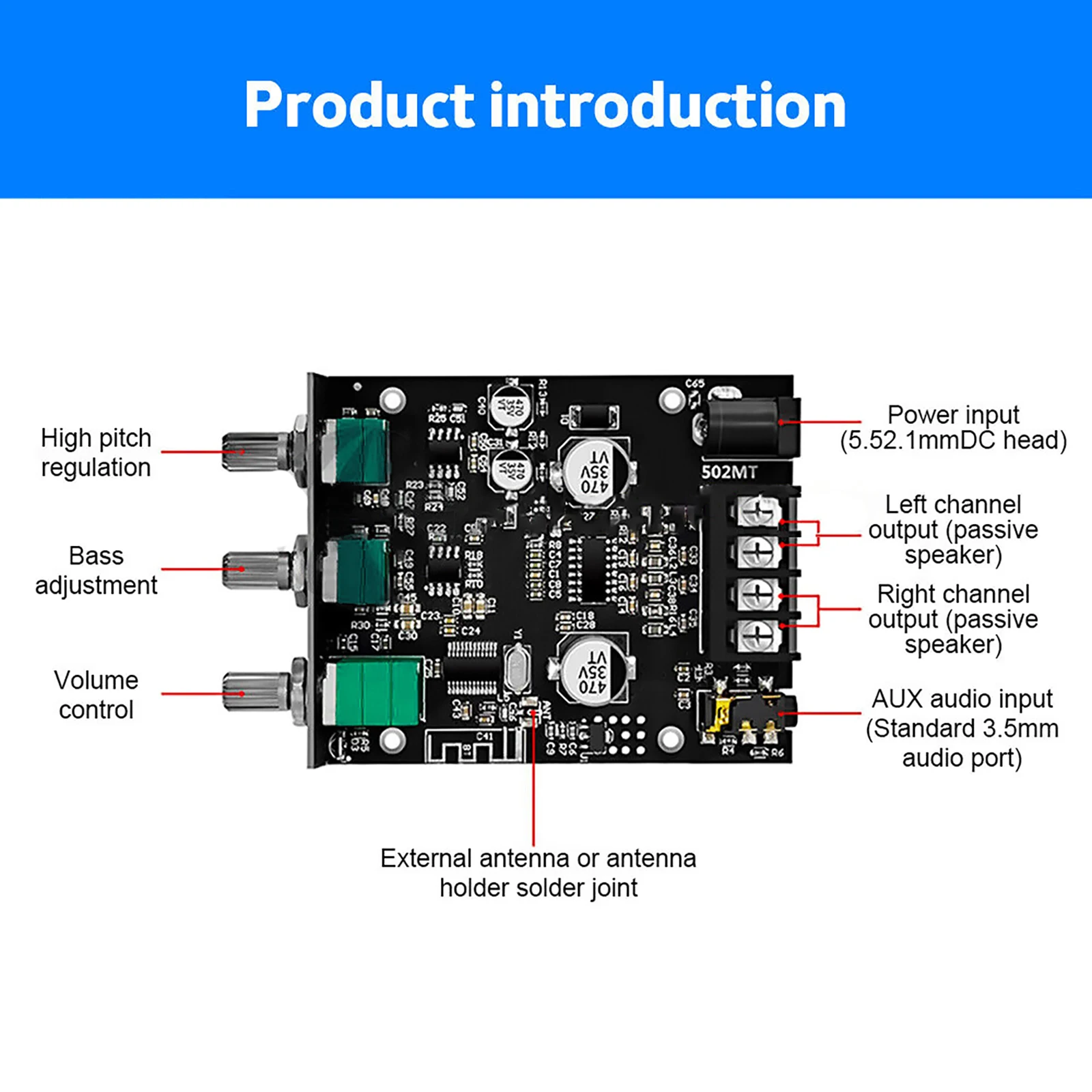 Subwoofer Amplifier Board Stereo, Módulo de Áudio Speaker, Bluetooth 5.0, 2.0 Channel, ZK-502MT, 2x50W