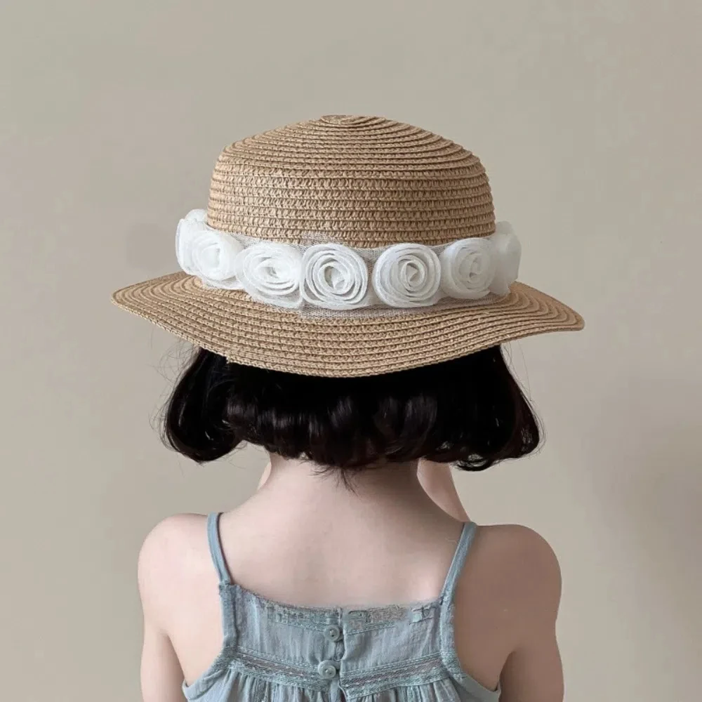 

New Summer Baby Straw Caps French Vacation Flower Lace Straw Hat Beach Travel Children Sun Hat Outdoor