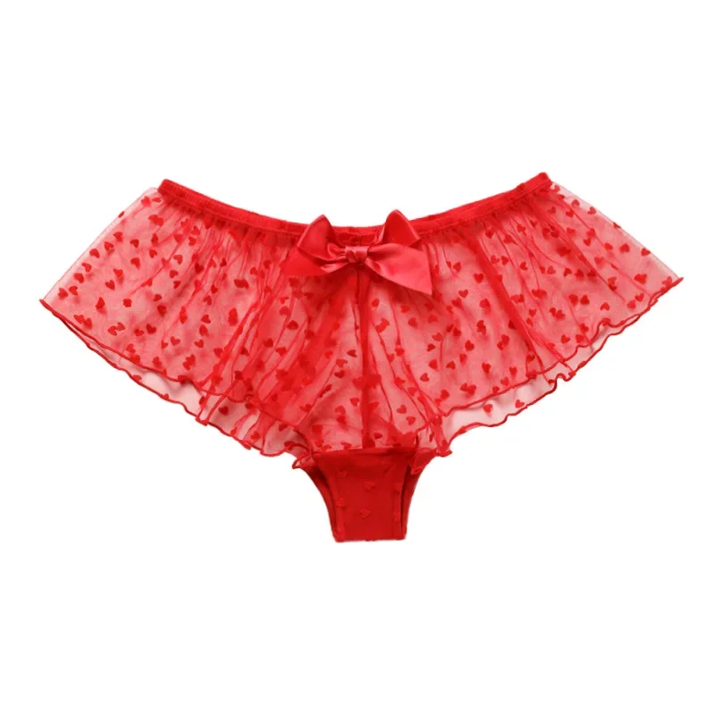 Bowknot Mesh Transparent Sexy Women\'s Underwear Red Lace Ruffle Christmas Panties Cotton Briefs