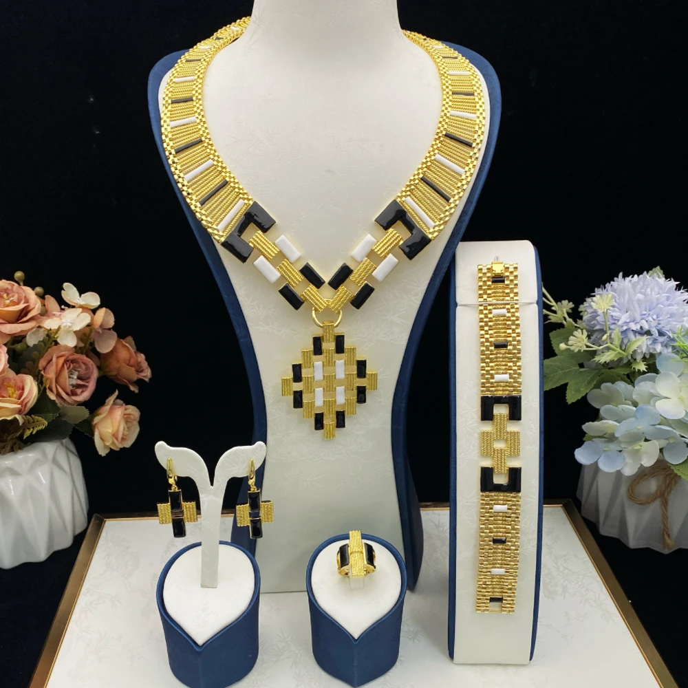 

JRH European Vintage Oil Drip Design Jewelry Set Gold Plated Copper Geometric Bracelet Ring Necklace Earrings Accessories