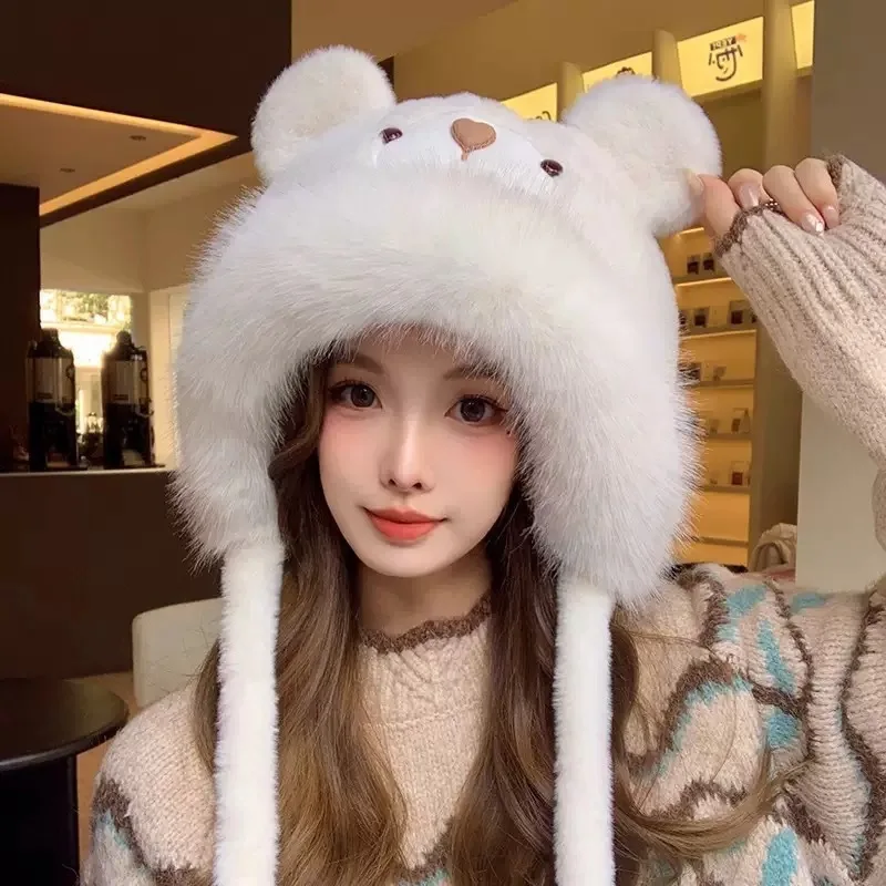 Cute Beanies Bear Ear Hat,Adorable Warm Plush Ear Protector Cap,Polyester Casual Elegant Knitted Head Caps for Autumn and Winter