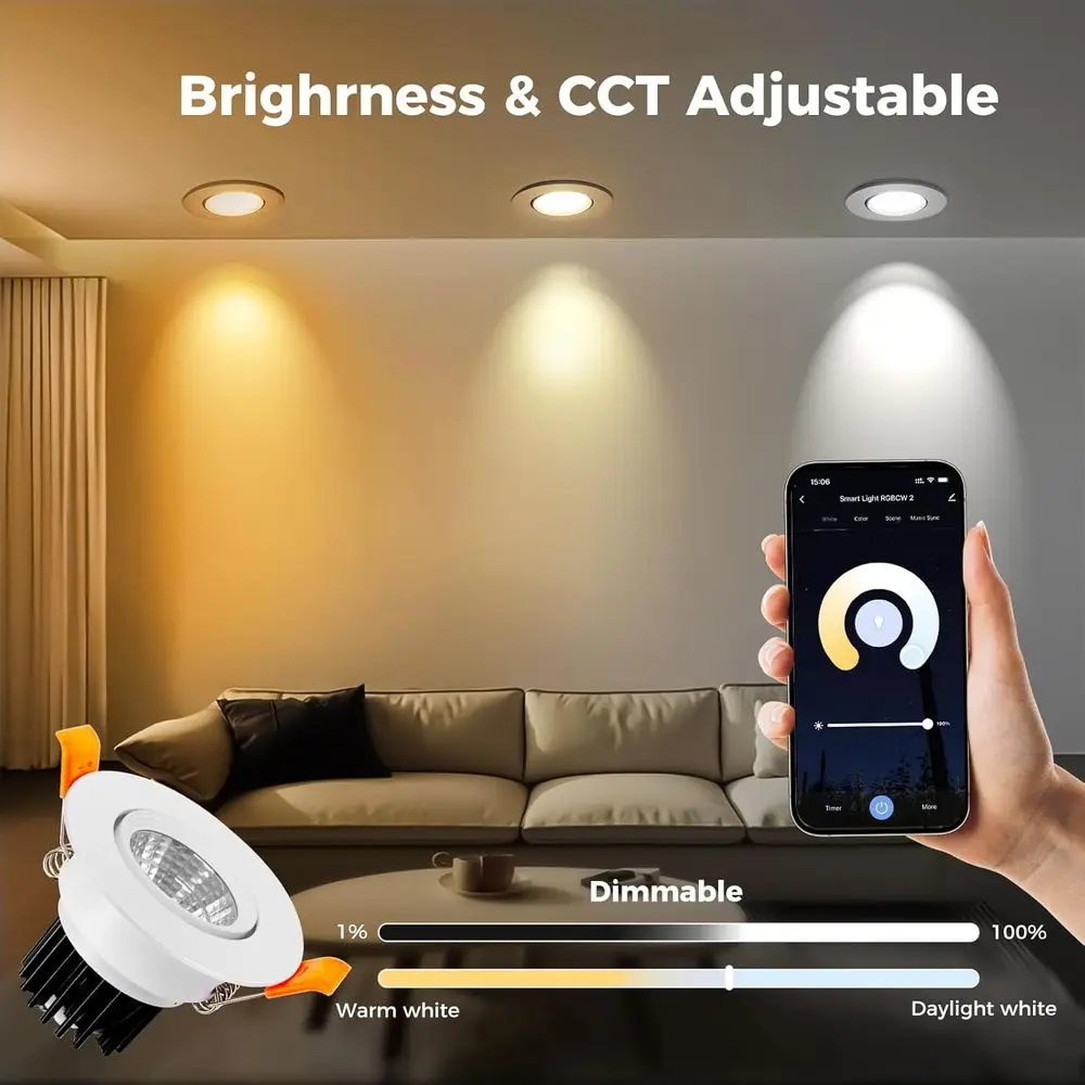 Iluminação LED Embutida Inteligente de 2 Polegadas, 5W Dimerizável RGB & CCT 2700-6500K, 110V Compatível com Alexa e Home, com Driver LED