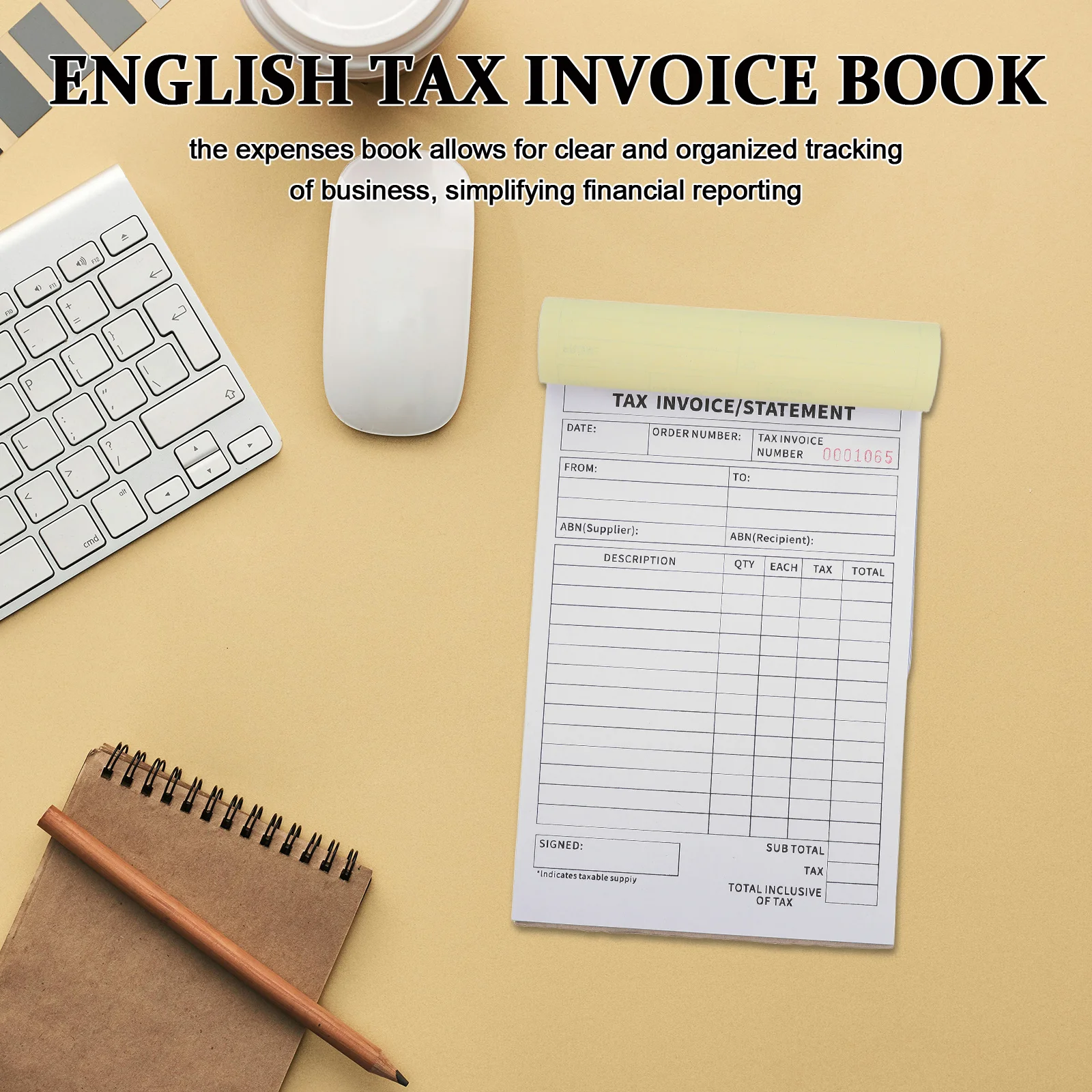 Libro de facturas de pedidos comerciales de 3 partes, 60 páginas, formato inglés para registros financieros, libro de recibos de pequeñas empresas, almohadilla de facturas de impuestos para oficina