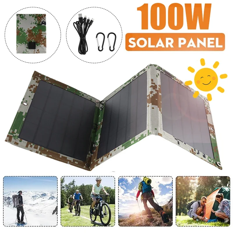 Portable 100W 3000mA Dual USB Solar Panel  With 4 in 1 Cable Waterproof Outdoor Solar Panel Charger Mobile Power Battery Charger