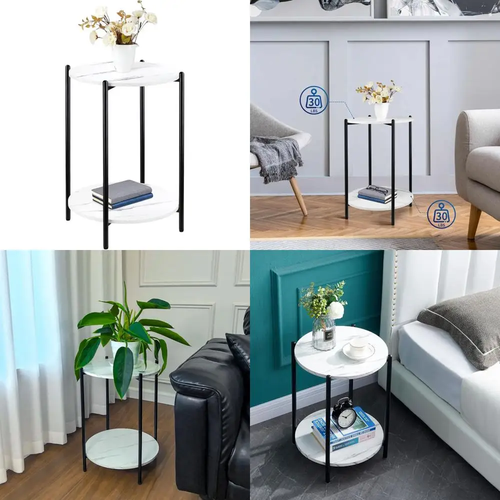 

Современный бело-черный приставной столик под мрамор с черной металлической рамой для гостиной или спальни