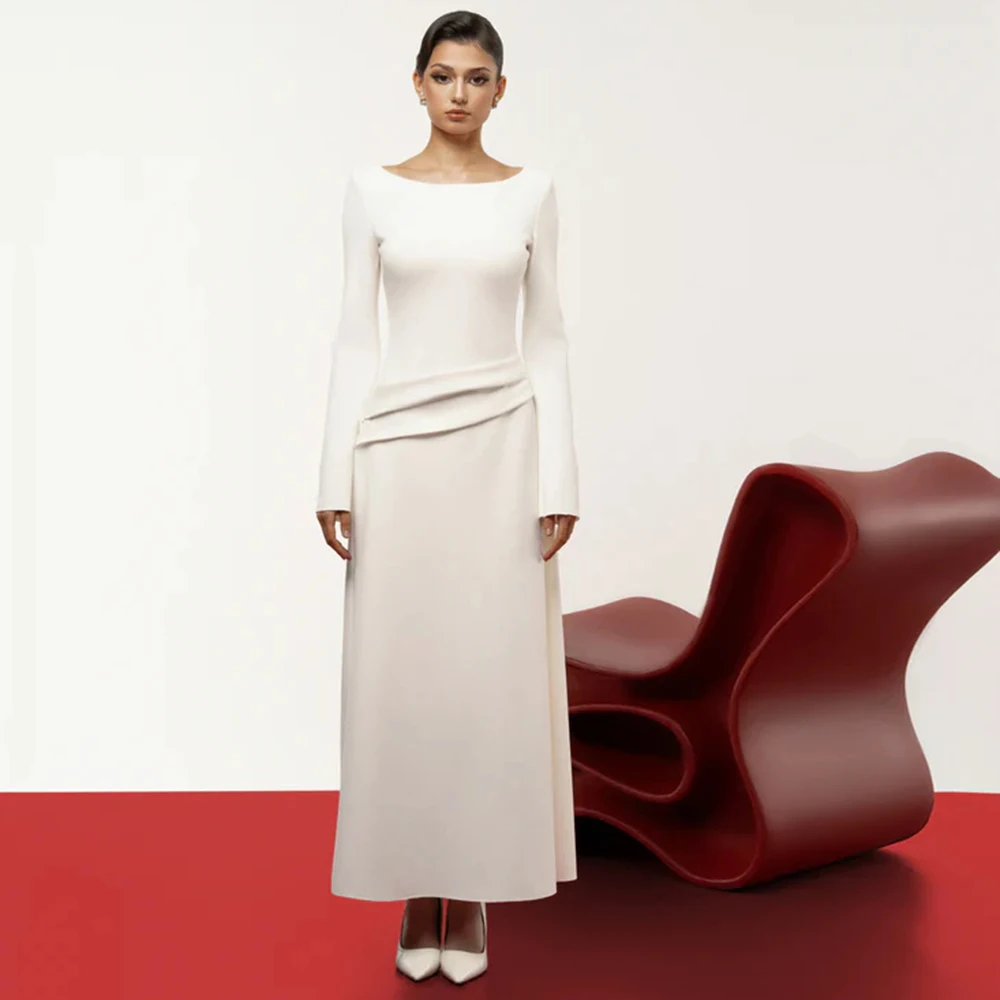 

Customized Modern Wedding Dress Midi Scoop Ankle Length Pearls Wedding Gowns for Women Long Sleeves A Line Elegant Bridal Dress