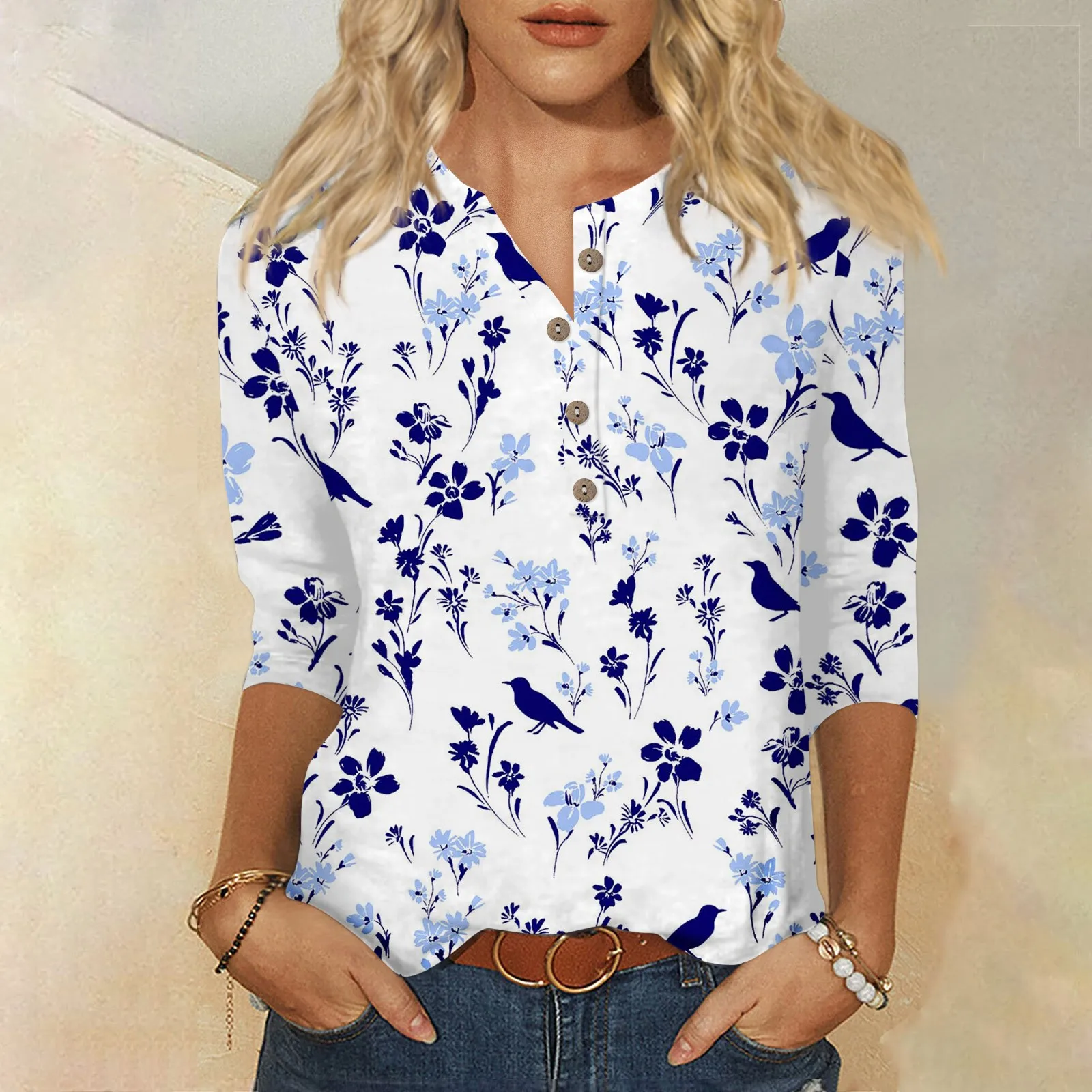 T Shirt For Women Fashion 3/4 Sleeve Top Floral Print Shirts Blouses Female Summer Auttumn Clothes For Women 2024