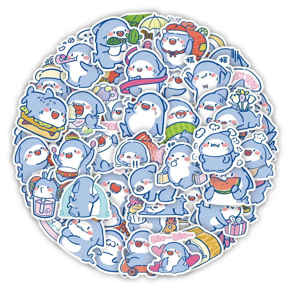 50/100Pcs INS Novelty Cartoon Cute Shark Stickers PVC Waterproof Stickers Decals For Kids Boys Girls Toys Gifts