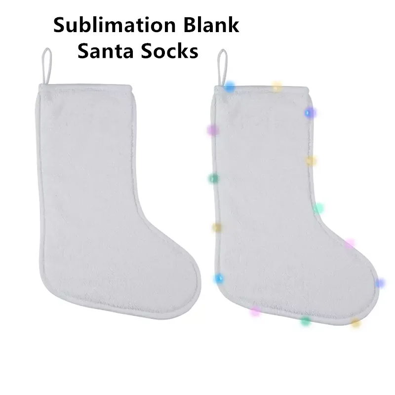 Festival Sublimation Blank White Linen Santa Socks With Led Light Christmas Stocking Xmas Tree Decoration for Custom Logo Gift