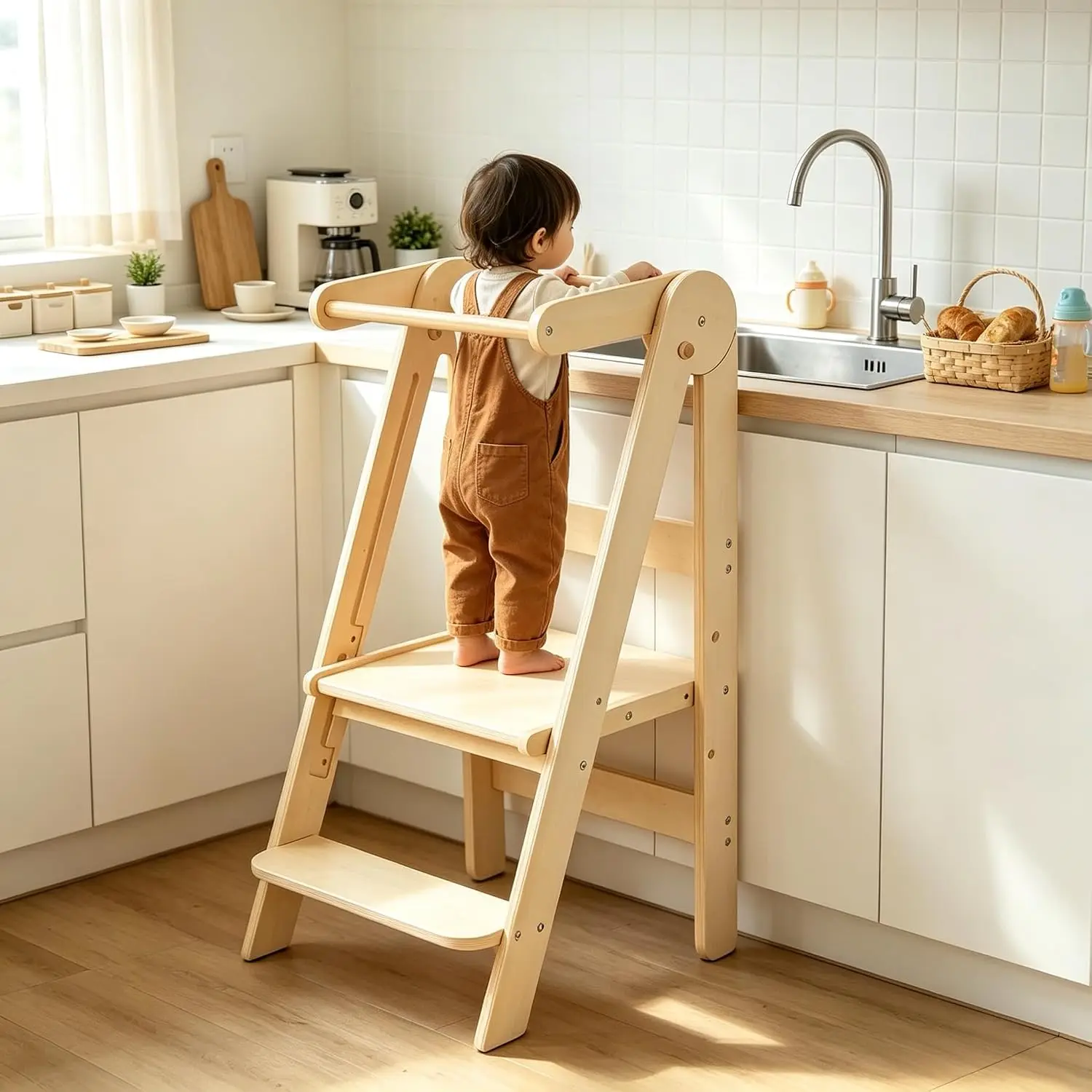Foldable Toddler Tower, Montessori Kitchen Step Stool with 2-Step Standing Platform,  Learning Stool for Kids, Space-Saving Helper Tower