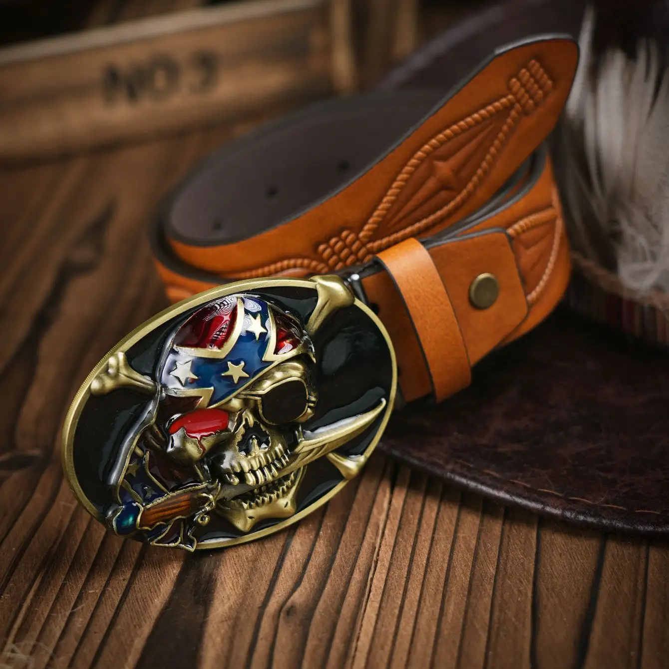 Western Cowboy PU Leather Belt - Men Waist Strap Bull Decoration Floral Engraved for Jeans