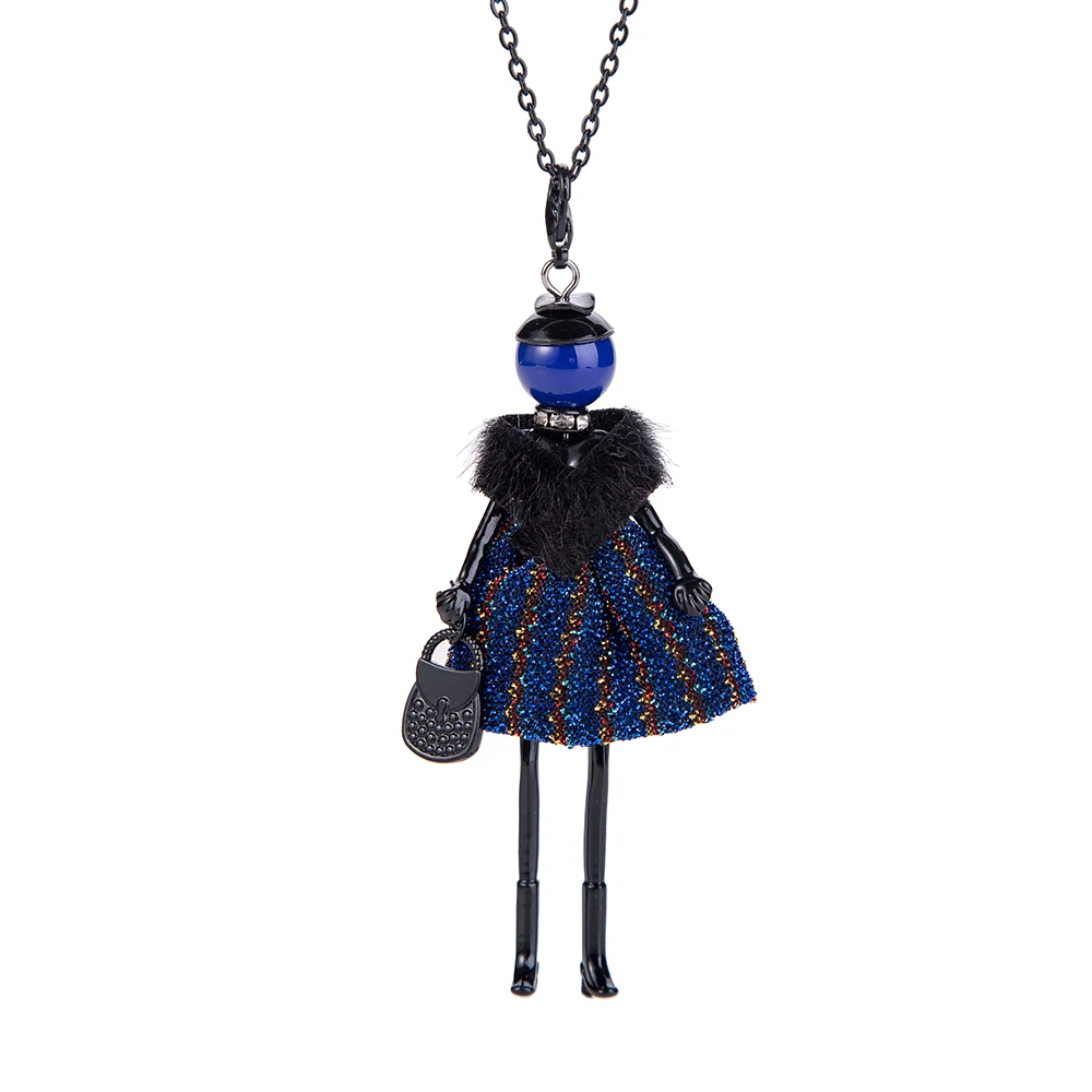 HOCOLE Handmade Shiny Sequins Dress Doll Necklaces Statement Women Fashion Crystal Alloy Long Chain Girls Doll Pendant Necklace