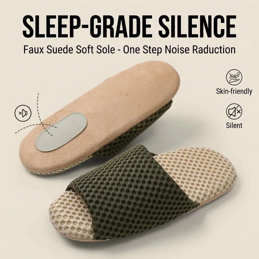 Unisex Silent Indoor Slippers Suede Sole Noise Reduction Mute Bedroom Shoes Breathable Mesh Open Toe House Slides for Men Women