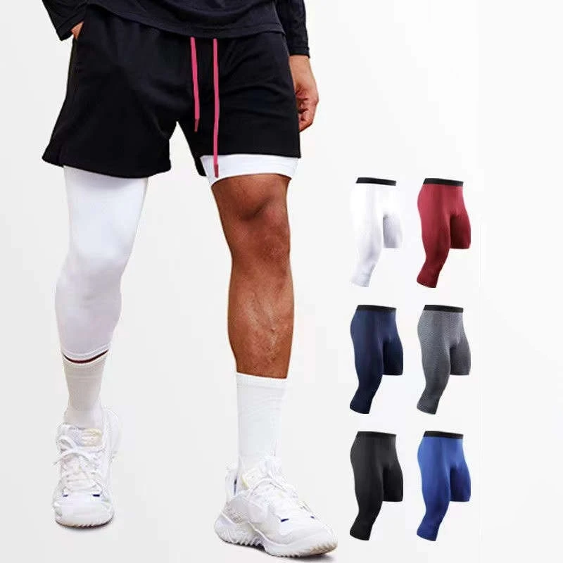 Verano hombres Capri mallas para correr gimnasio 3/4 pantalones masculino baloncesto fútbol Fitness ejercicio deporte recortado una pierna Leggings 20