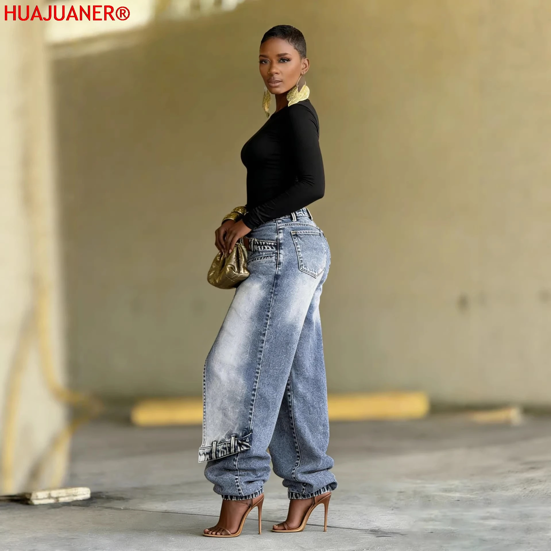Jeans Women Vintage Wide Leg Pants Denims Washed Streetwear Patchwork 2