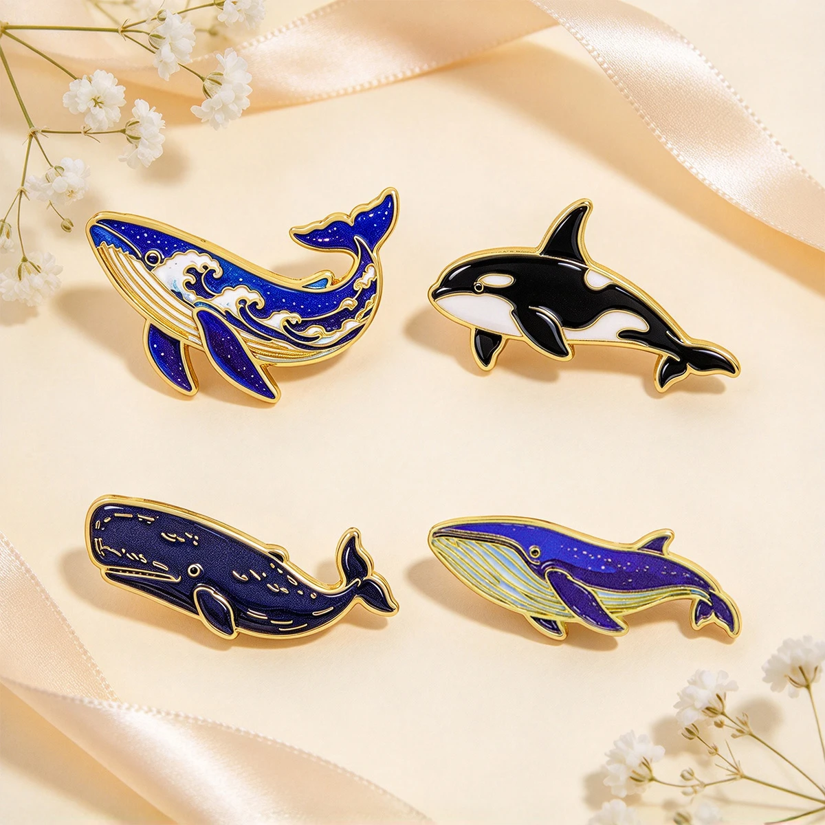 4pcs/Set Beautiful Ocean Whale Enamel Pin Cute Wave Blue Sea Animal Brooch Lapel For Backpack Hat Badges Jewelry Friends Gifts