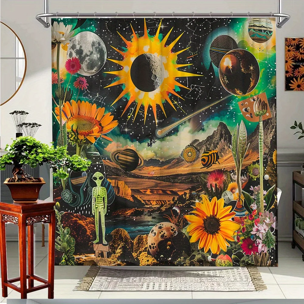 

1 шт. Занавеска для душа Galaxy Sunflower Alien — дизайн для исследования космического пространства с планетами, яркими подсолнухами и мистическими инопланетянами,