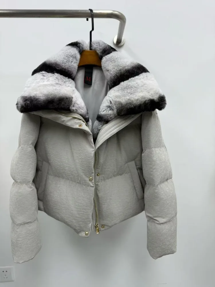 Cappotto di pelliccia di realtà Autunno Inverno Top Vestiti Femminili Spessore Caldo Piumino d'oca Con cappuccio Pelliccia di coniglio Rex naturale Soffici donne