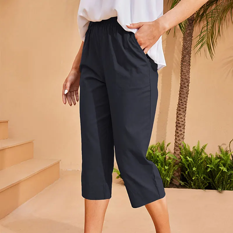 Summer Retro Cotton Linen Loose Harem Pants Elastic Waist Casual Pants Basic Versatility Wide-leg Ankle-Length Solid Pants